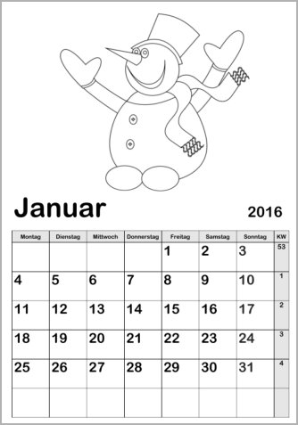 Kalender mit Ausmalbilder Vorlage 2016