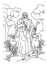 Jesus mit Schafen im Wald