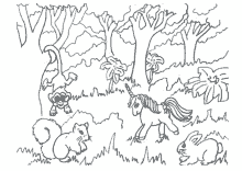 Einhorn im Wald mit Eichhörnchen, Hase und Affe