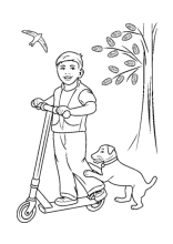Junge mit seinem Hund fährt Roller