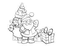 Malvorlage Weihnachtsmann mit Geschenken vor dem Tannenbaum