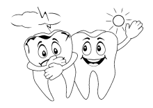 Kranker Zahn mit Gewitterwolke und gesunder Zahn mit Sonne