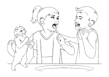 Ausmalbild zwei Kinder am Zähne reinigen