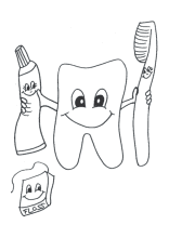 Lustiger Zahn mit Zahnbürste, Zahnpaste und Zahnseide