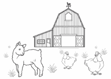 Schaf und Hühner vor der Scheune