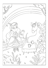 Prinzessin mit Einhorn am Kaffee trinken