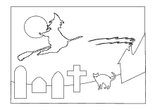 Ausmalbild fliegende Hexe über dem Friedhof