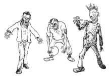 Malvorlage drei Zombies am Ball spielen