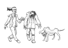 Ausmalbild zwei Zombies mit Zombiehund