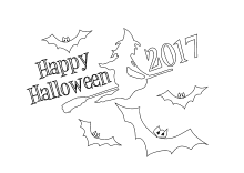 Hexe und Fledermäuse mit Schriftzug Happy Halloween