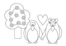 Ausmalbild blühender Baum mit verliebtem Pinguinenpaar