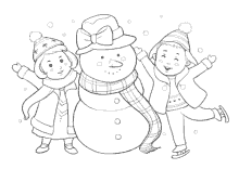 Kinder spielen mit Schneemann