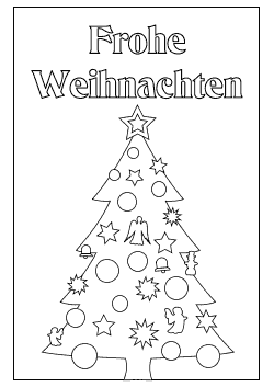 Karte mit geschmücktem Tannenbaum und frohe Weihnachten