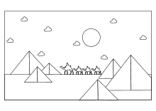 Wüste mit Pyramiden und Kamelen