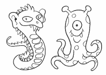 Schlangen Monster mit seinem Freund Tintenfisch Monster zum Ausmalen und Ausdrucken