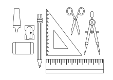 Zirkel, Schere, Massstäbe, Spitzer Radiergummi, Leuchtstift, Bleistift