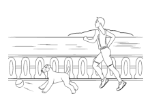 Läuferin mit ihrem Hund auf einer Brücke