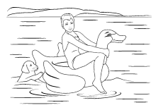 Mädchen sitzt auf einem aufgeblasenen Schwan der im Wasser schwimmt