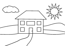 Ausmalbild Landschaft Haus Sonne