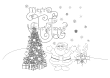 Weihnachtsbaum mit Geschenken, Weihnachtsmann, Schriftzug Merry Christmas