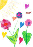 Kinderzeichnung Blumen, Herzen und die Sonne.