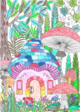 Pilzhaus im Wald - Ausmalbild für Erwachsene