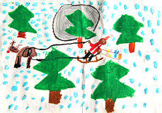 Santa Claus mit Rentierschlitten im verschneiten Wald