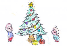 Die Kinder beim Weihnachtsbaum freuen sich auf die Geschenke.