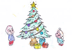 Die Kinder beim Weihnachtsbaum freuen sich auf die Geschenke.